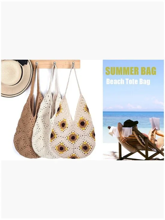 Crochet Beach Tote Bag for Women, Cotton Hobo Purse - Picture 7 of 7